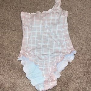 one shoulder pink printed scallop one piece